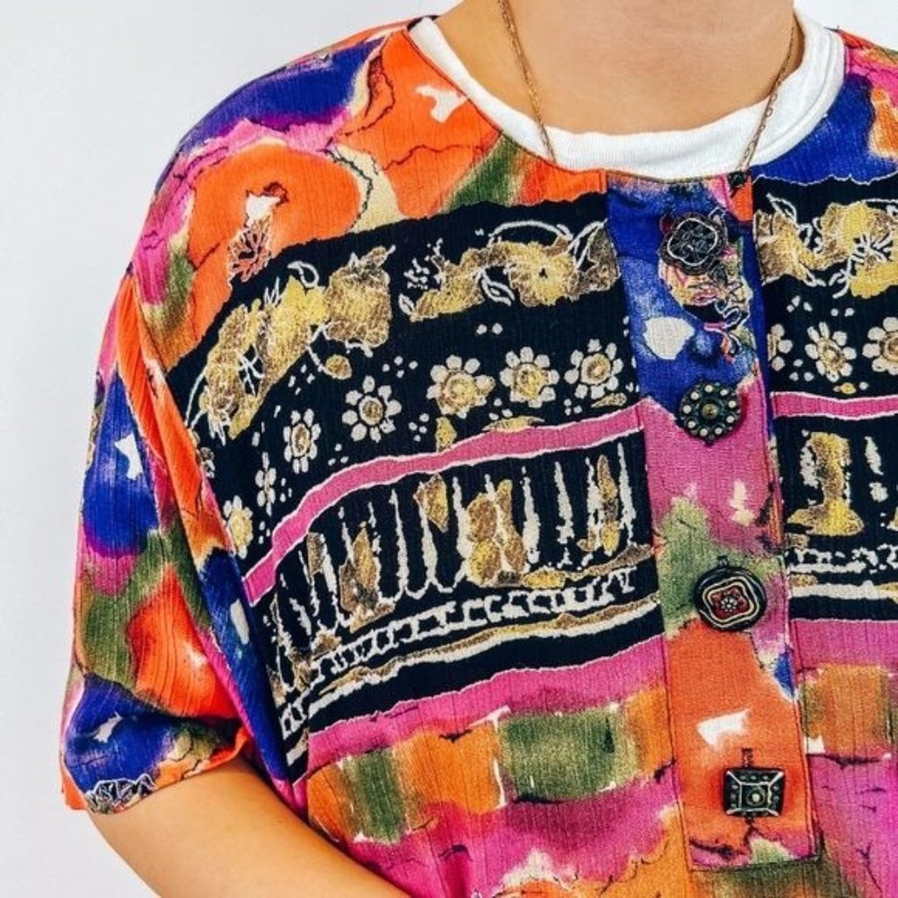 Vintage Funky Mix Print Colorful Top with Funky Buttons - Picture 7 of 8